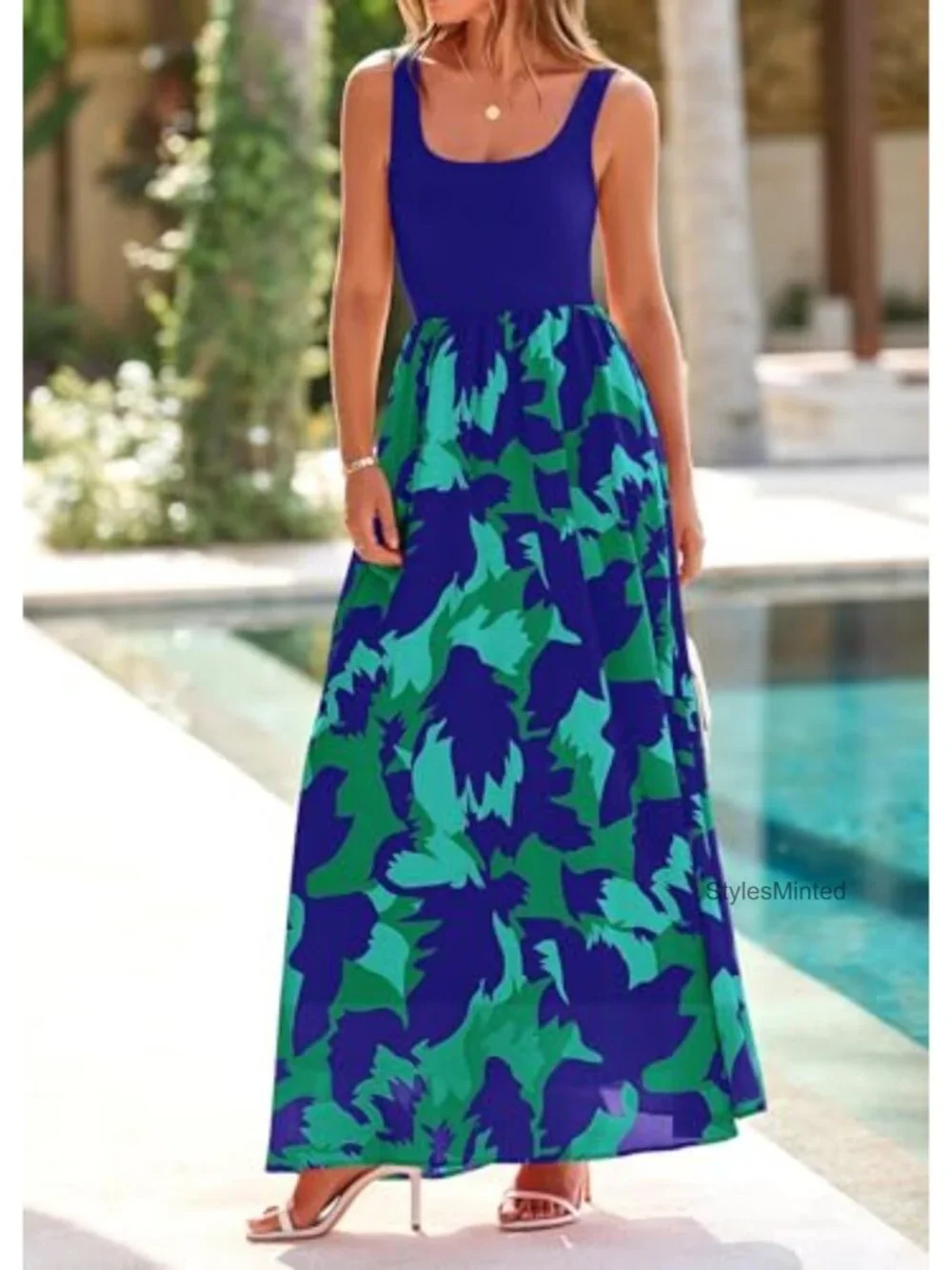 Women's Boho Floral Maxi Sundress Sleeveless Tank Dress with Pockets